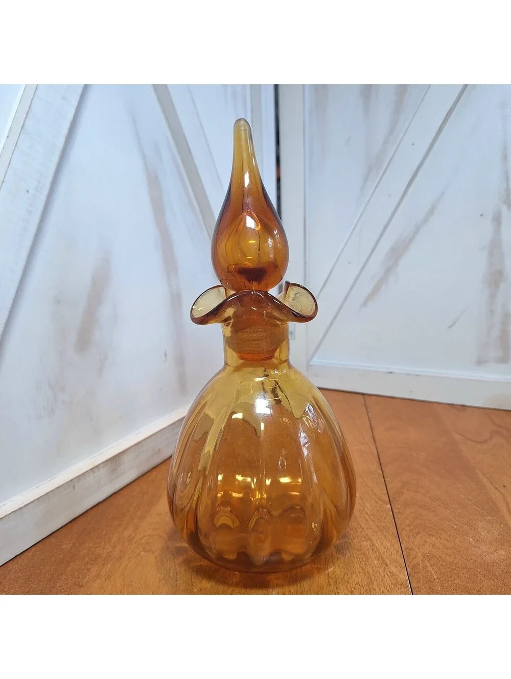 Vintage Amber Art Glass Handcrafted Decanter Ruffled Rim 9.5